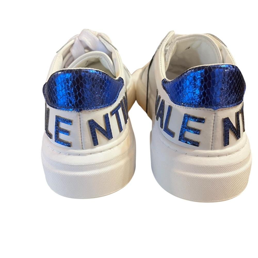 Valentino White Sneakers with Metallic Blue Snakeskin Heel Tab